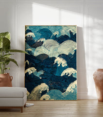Japanese wave poster featuring intricate blue and off-white ocean waves in a traditional Ukiyo-e style illustration. - Image 3