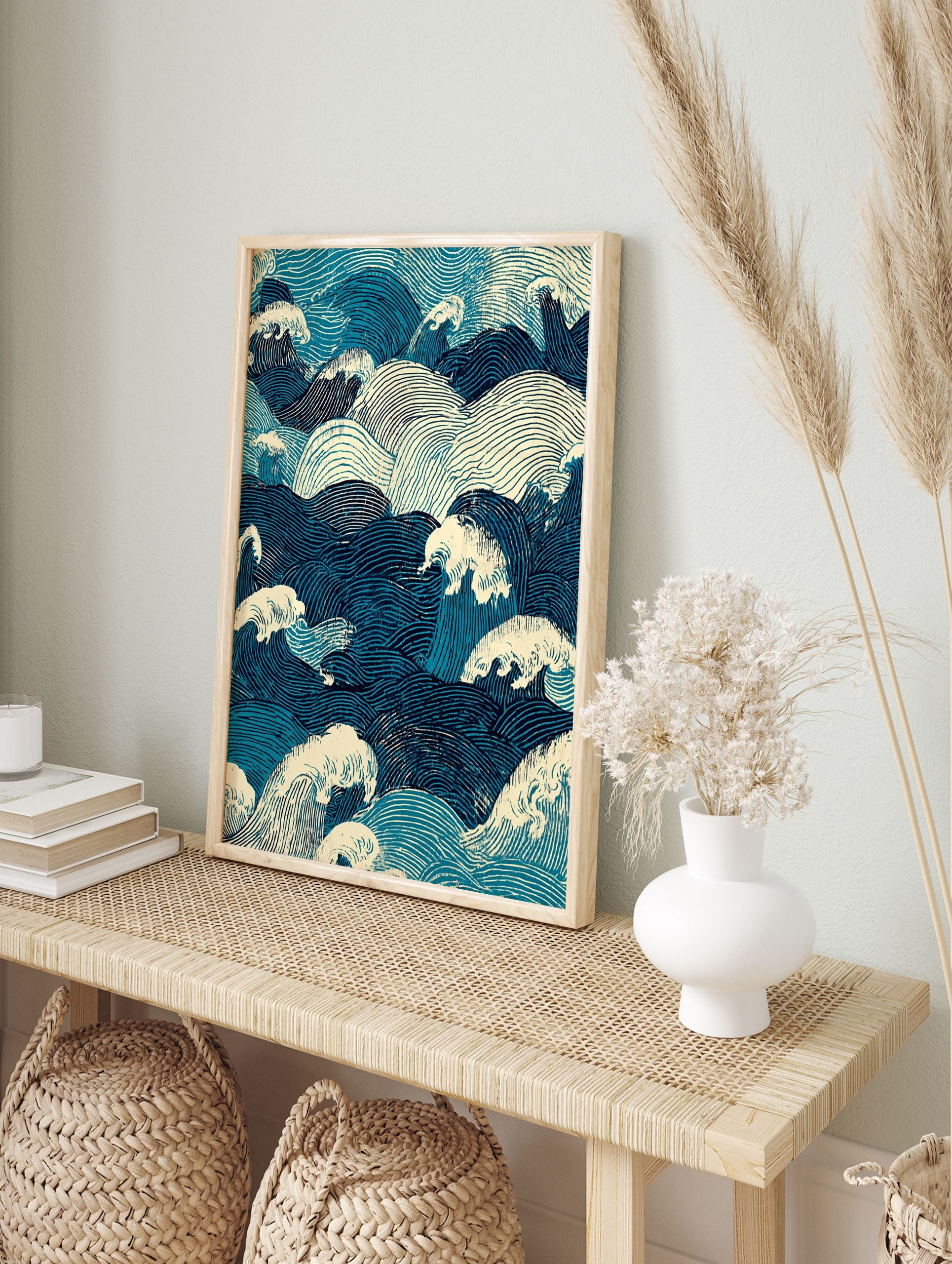 Japanese wave poster featuring intricate blue and off-white ocean waves in a traditional Ukiyo-e style illustration. - Image 4