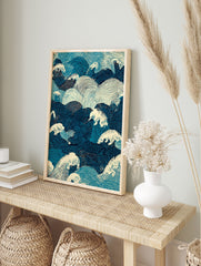 Japanese wave poster featuring intricate blue and off-white ocean waves in a traditional Ukiyo-e style illustration. - Image 4
