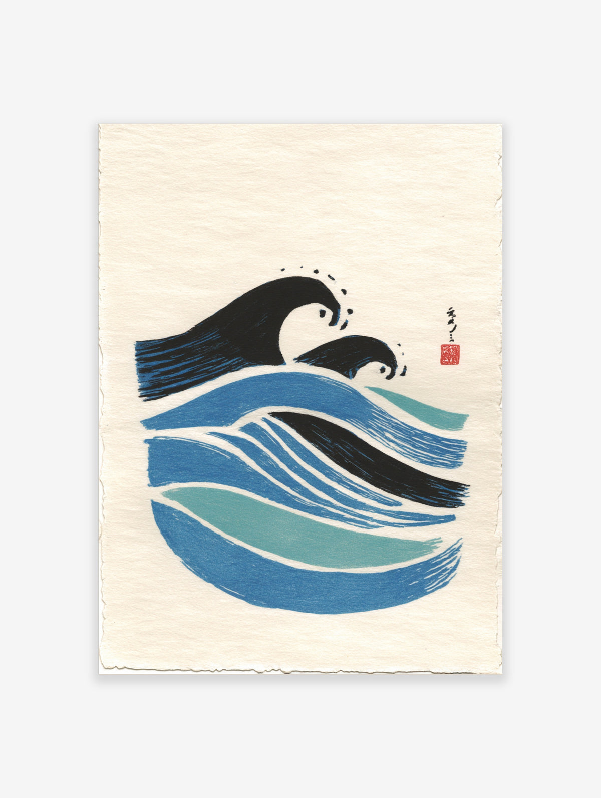 Stylised Japanese wave poster with black crests, blue water bands, and a red seal mark