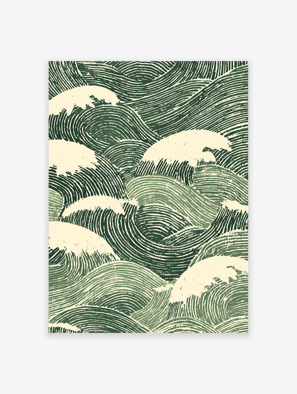 Japanese wave poster with stylized green and cream ocean waves in a distressed woodcut art style.