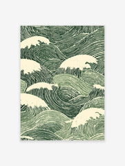 Japanese wave poster with stylized green and cream ocean waves in a distressed woodcut art style.