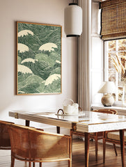 Japanese wave poster with stylized green and cream ocean waves in a distressed woodcut art style. - Image 2