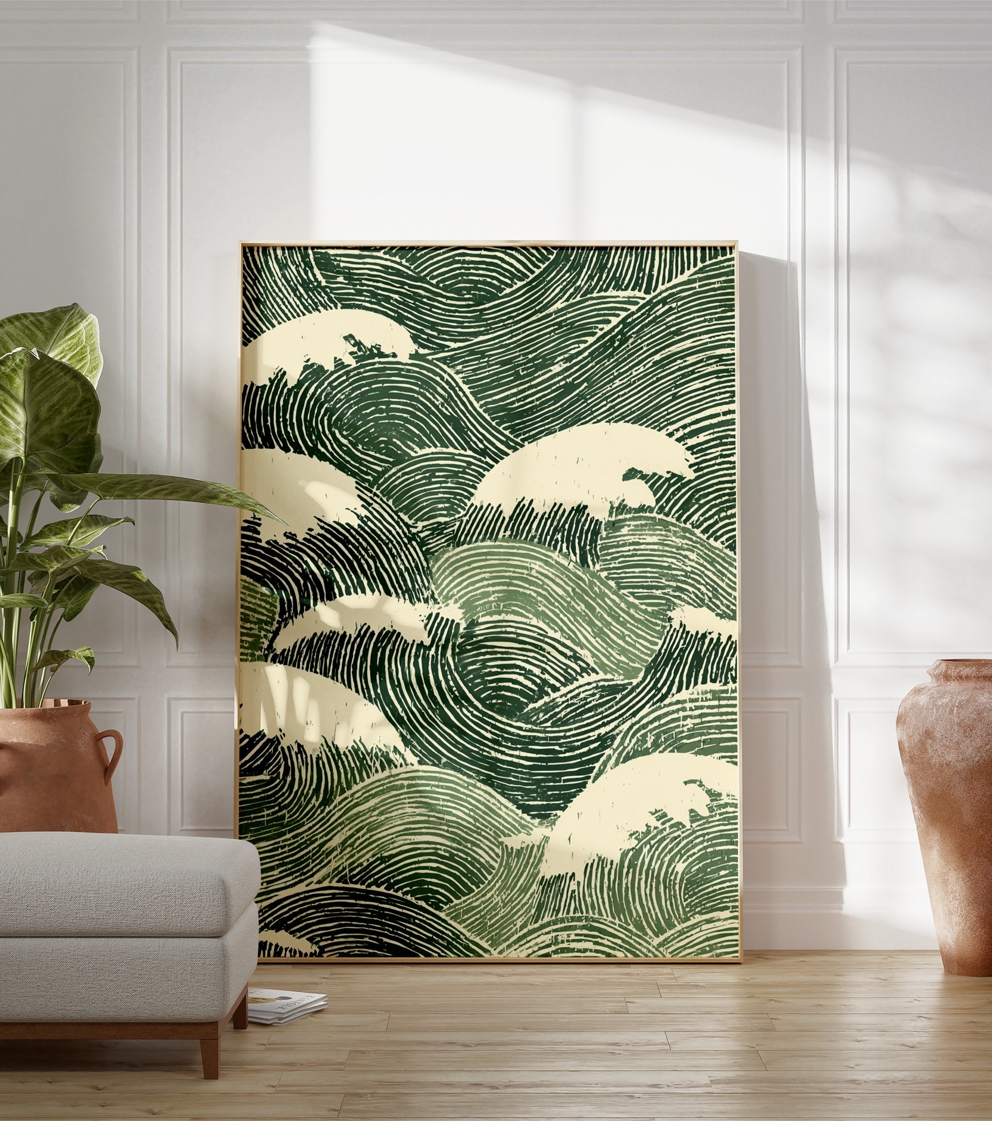 Japanese wave poster with stylized green and cream ocean waves in a distressed woodcut art style. - Image 3