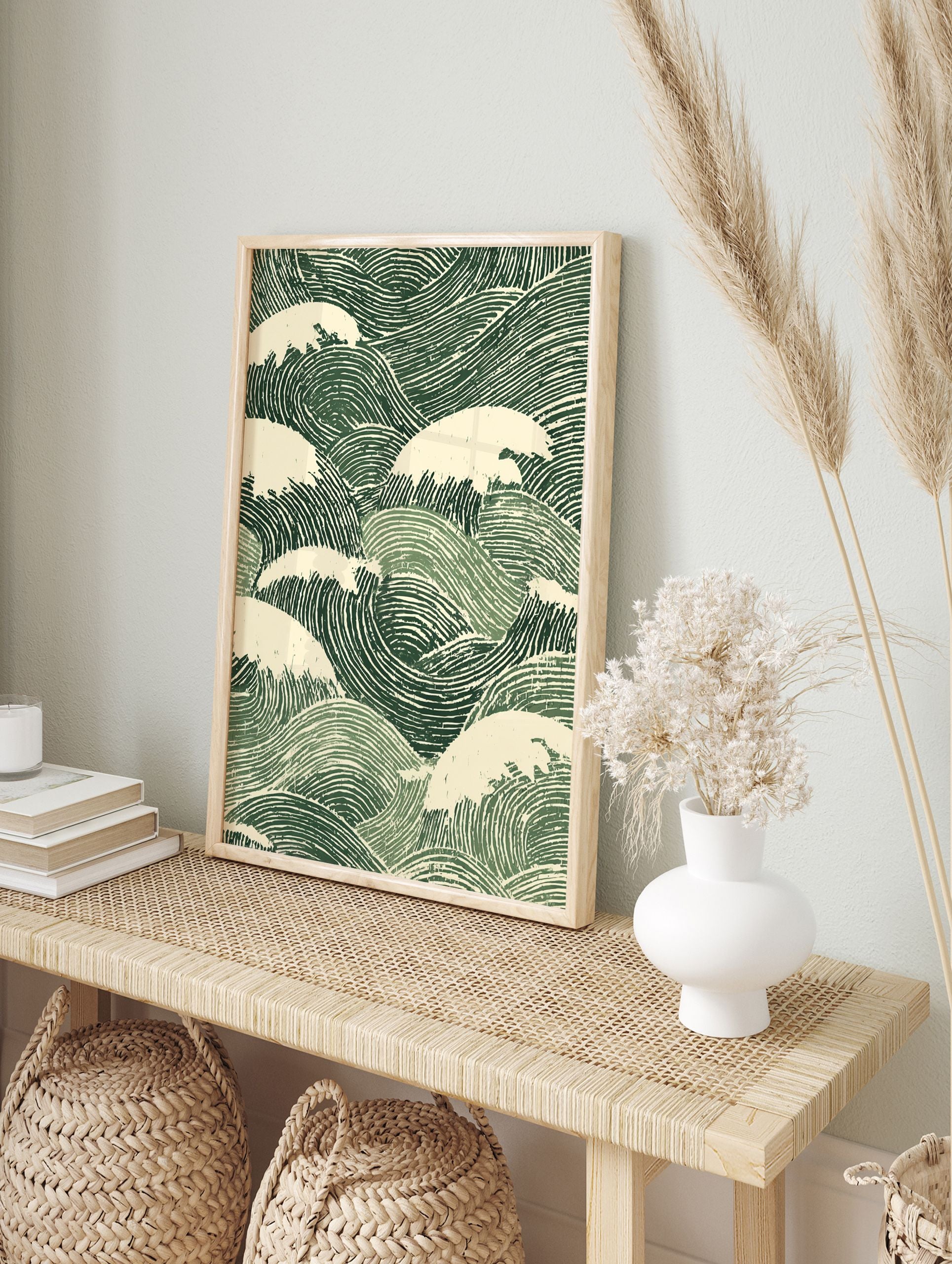 Japanese wave poster with stylized green and cream ocean waves in a distressed woodcut art style. - Image 4