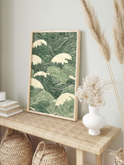 Japanese wave poster with stylized green and cream ocean waves in a distressed woodcut art style. - Image 4