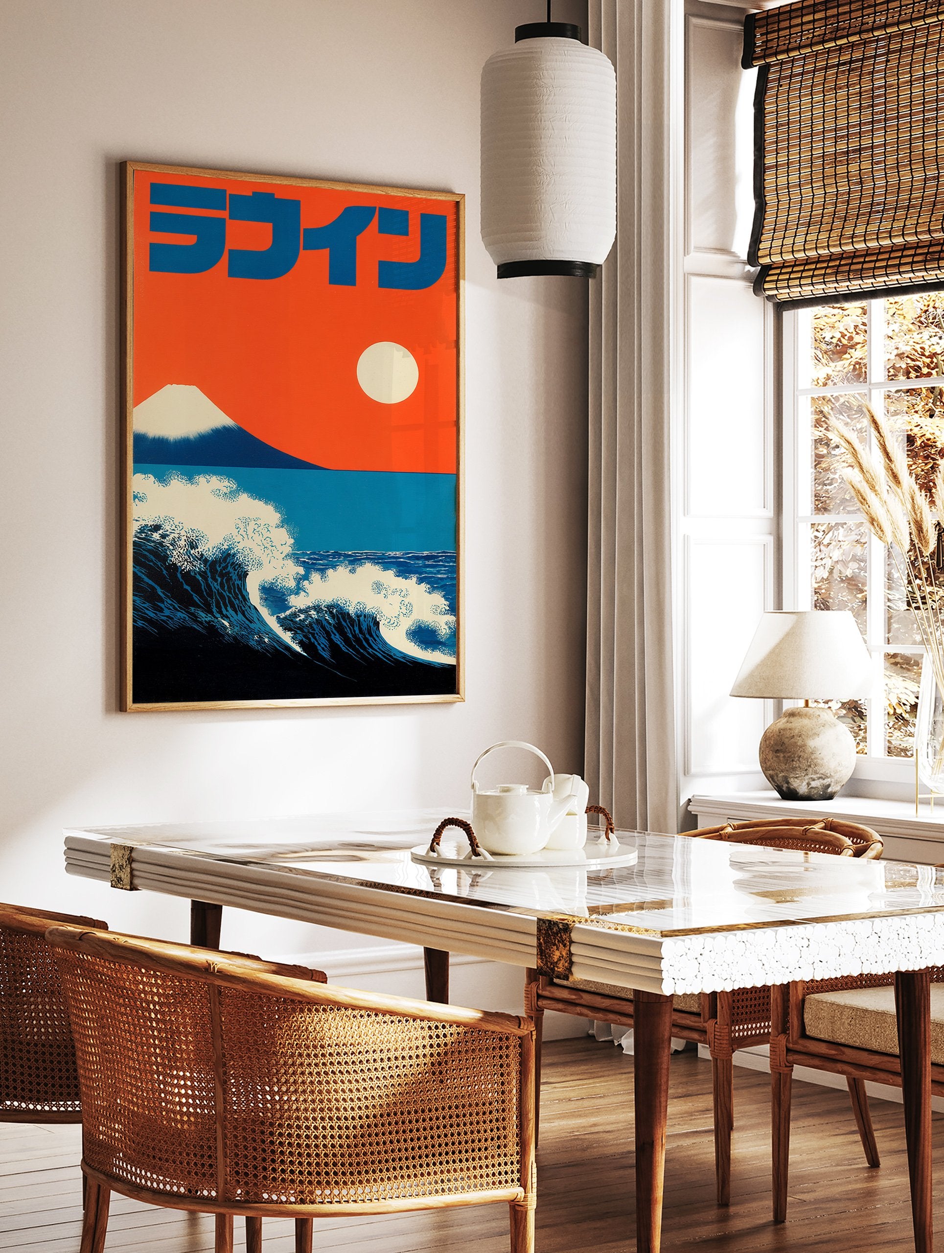 Japanese wave poster featuring a large blue wave, Mount Fuji, an orange sky, and a white sun. - Image 2