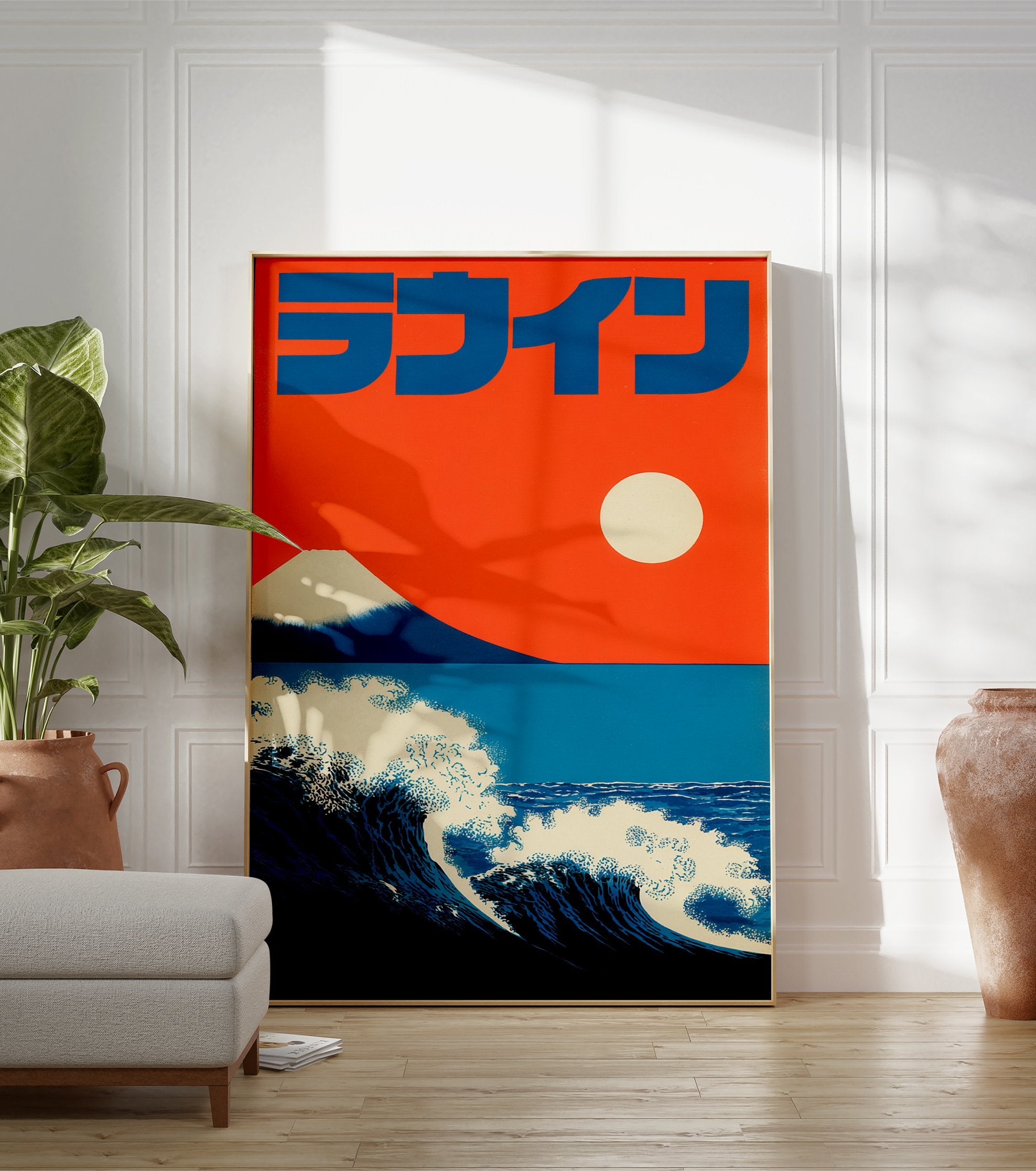 Japanese wave poster featuring a large blue wave, Mount Fuji, an orange sky, and a white sun. - Image 3