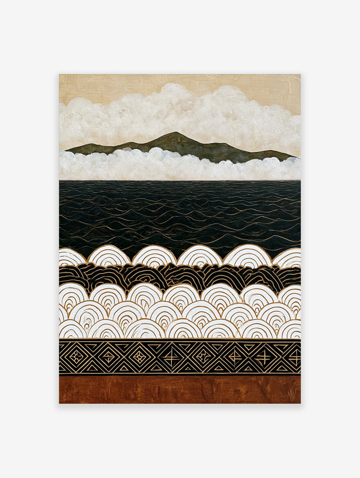 Japanese wave poster with dark mountain, white clouds, and gold outlined wave pattern