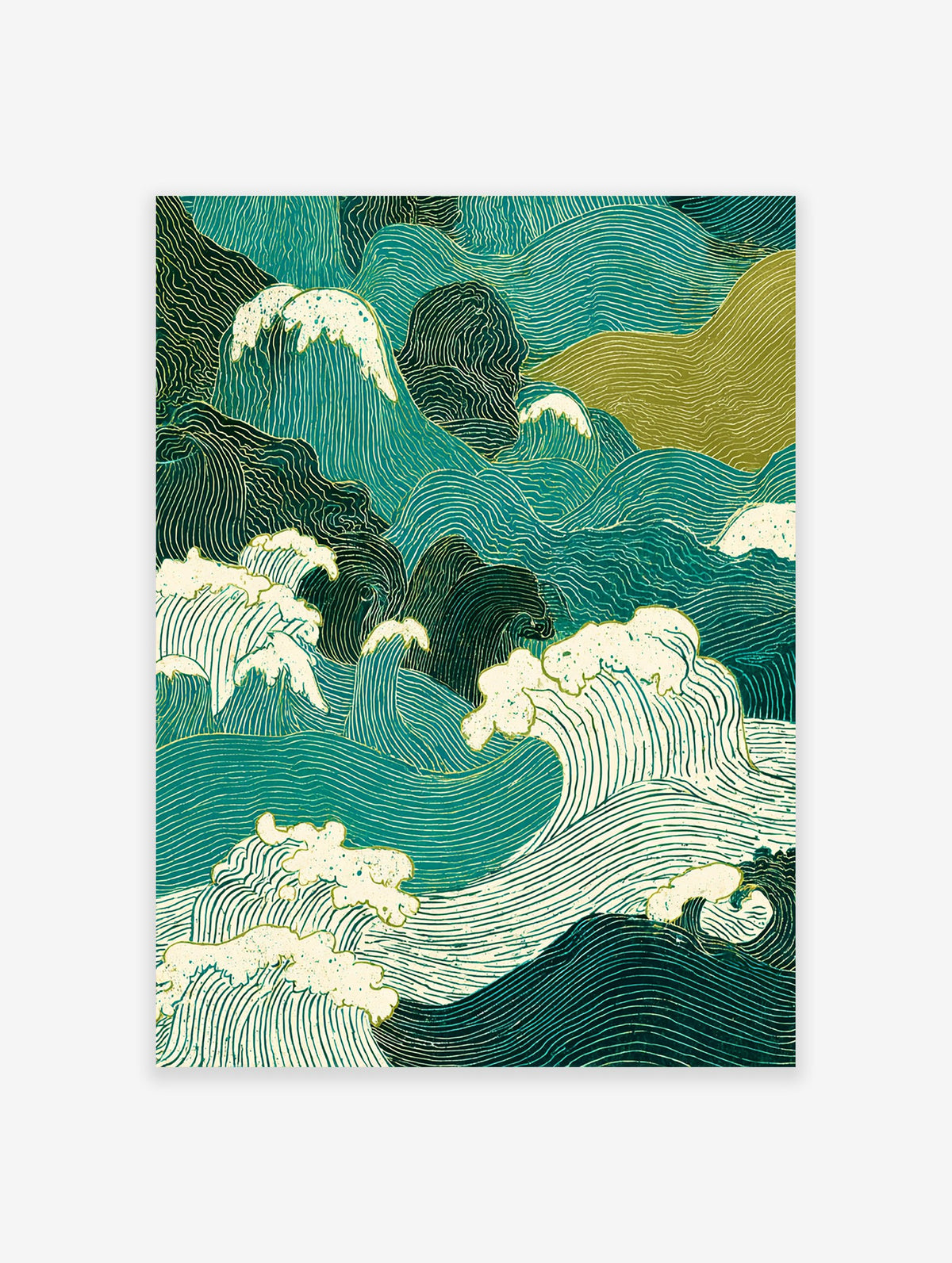 Japanese Wave Poster featuring stylized teal and green ocean waves with white foam and Ukiyo-e inspired linework.
