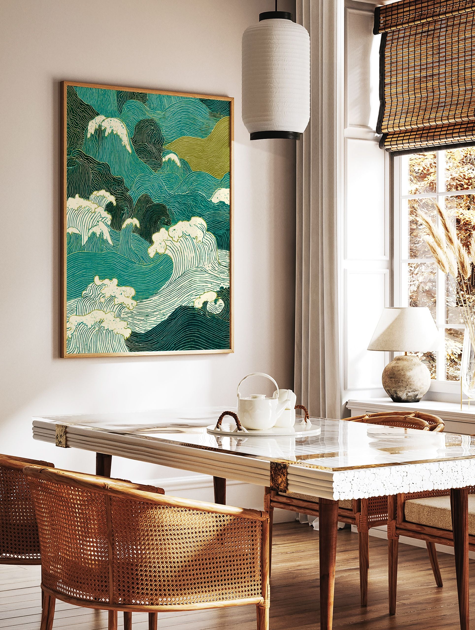 Japanese Wave Poster featuring stylized teal and green ocean waves with white foam and Ukiyo-e inspired linework. - Image 2