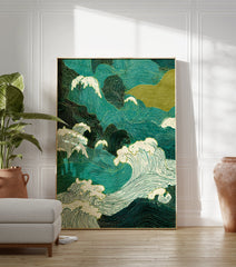 Japanese Wave Poster featuring stylized teal and green ocean waves with white foam and Ukiyo-e inspired linework. - Image 3