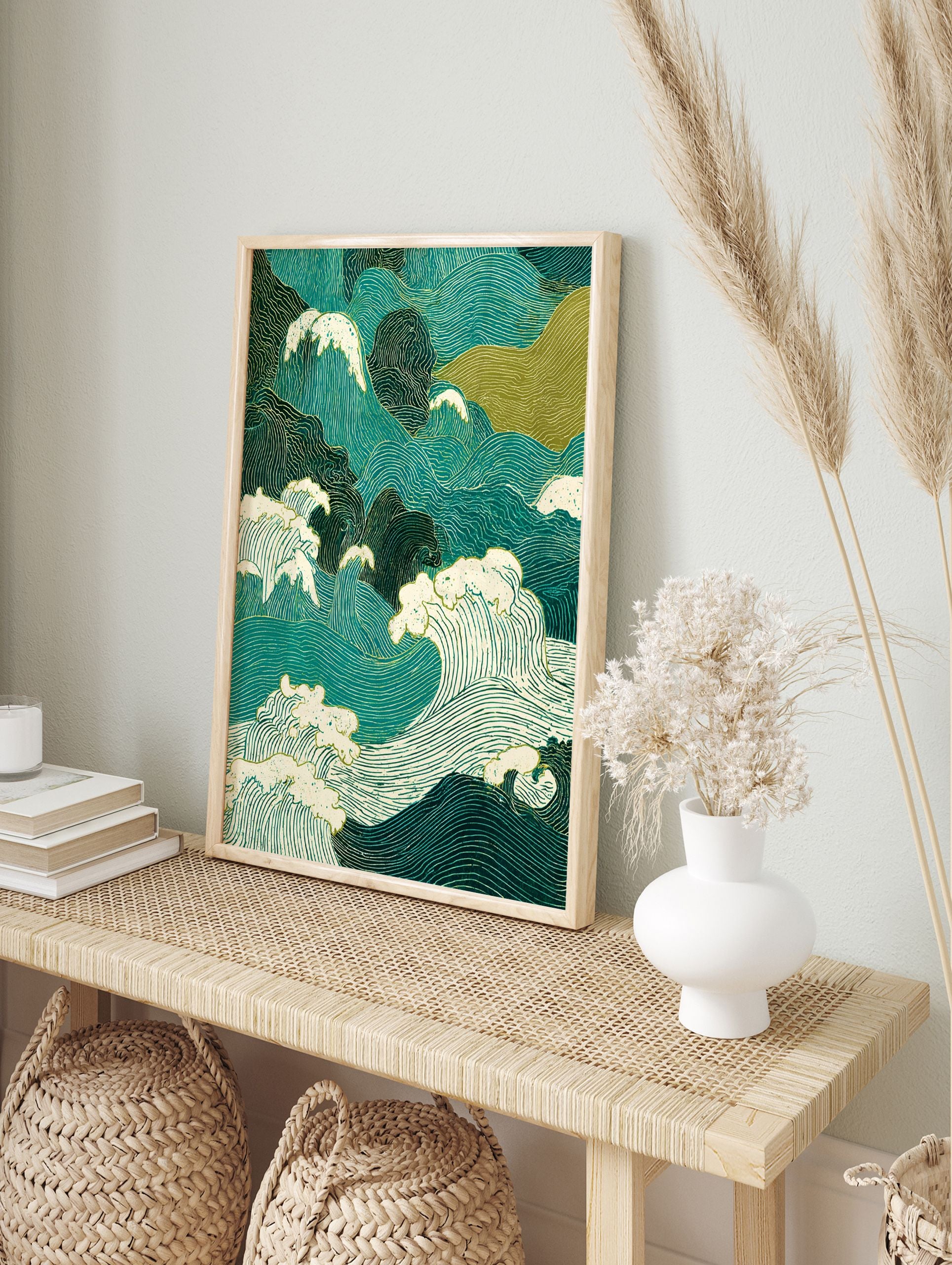 Japanese Wave Poster featuring stylized teal and green ocean waves with white foam and Ukiyo-e inspired linework. - Image 4