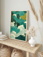 Japanese Wave Poster featuring stylized teal and green ocean waves with white foam and Ukiyo-e inspired linework. - Image 4