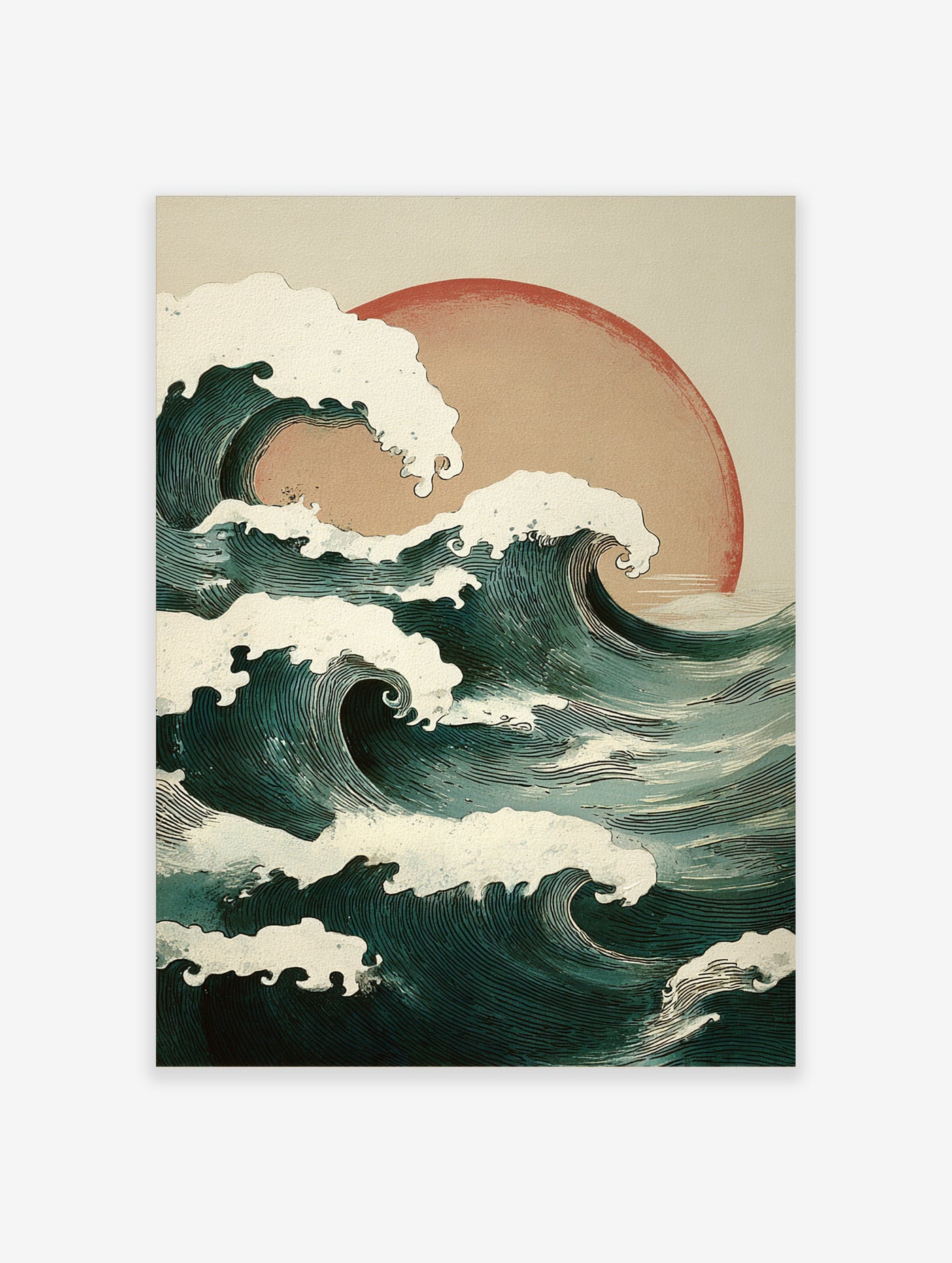 Japanese ukiyo-e style wave print with teal ocean waves, white foam, and large red sun on beige background
