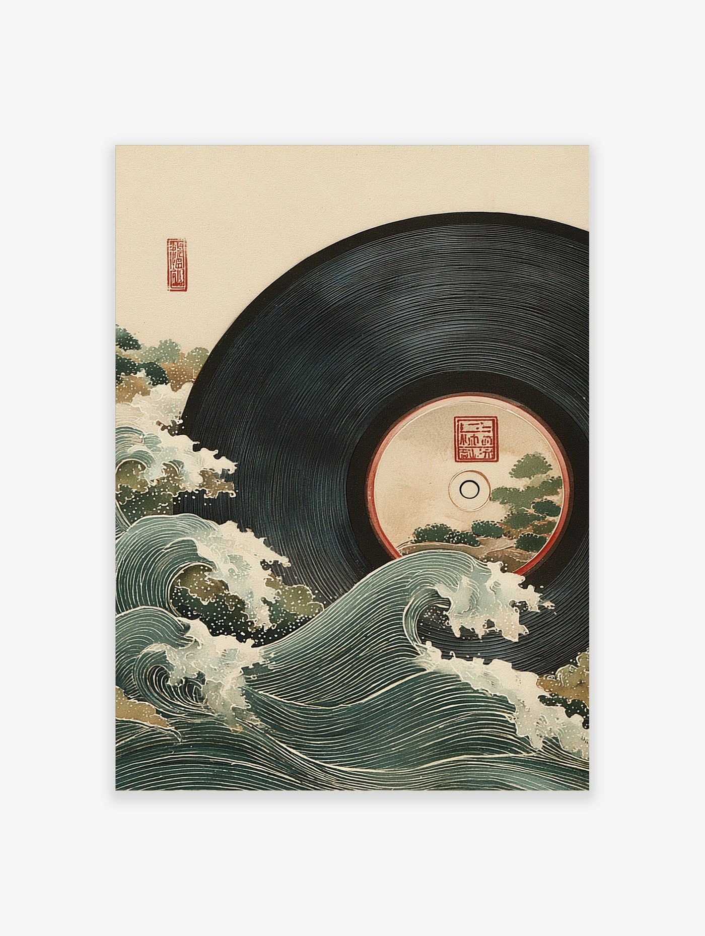 Japanese wave vinyl record print with stylised ocean waves and red seal on beige background