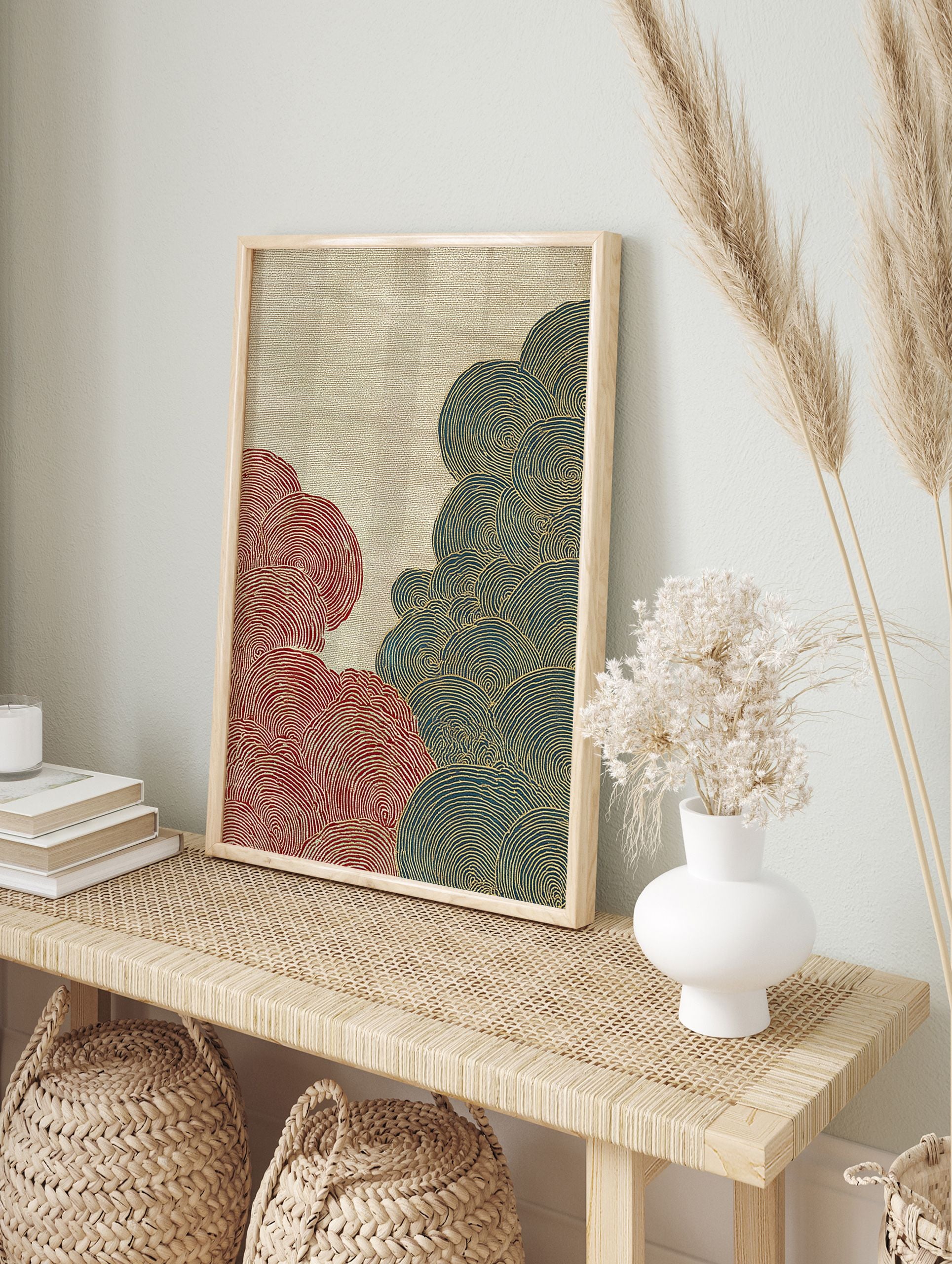 Abstract Japanese wave wall art with red and blue Seigaiha patterns outlined in gold on a textured beige background. - Image 3