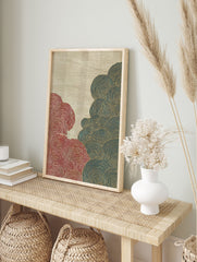 Abstract Japanese wave wall art with red and blue Seigaiha patterns outlined in gold on a textured beige background. - Image 3