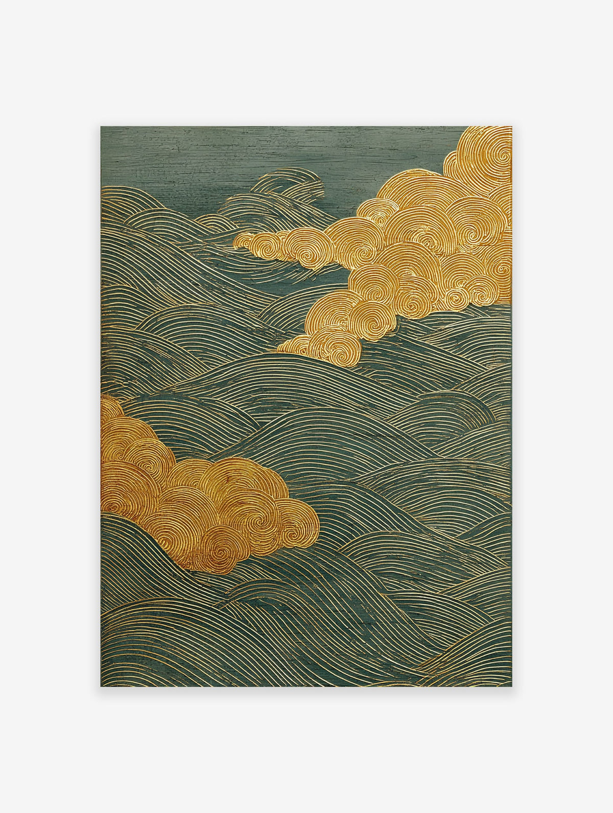 Japanese Wave Wall Art with golden swirling clouds and teal wavy lines on a textured background.