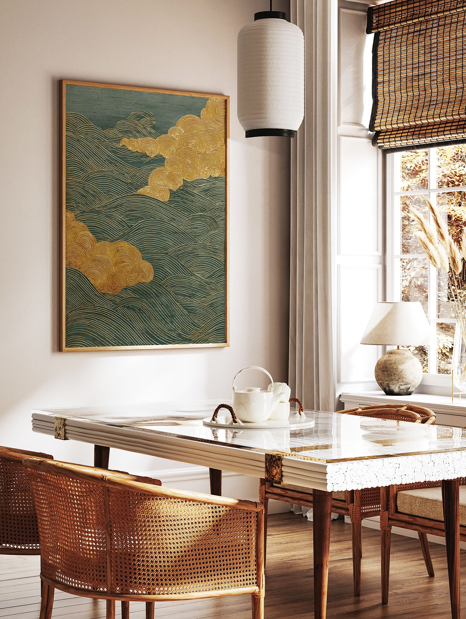 Japanese Wave Wall Art with golden swirling clouds and teal wavy lines on a textured background. - Image 2