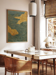 Japanese Wave Wall Art with golden swirling clouds and teal wavy lines on a textured background. - Image 2