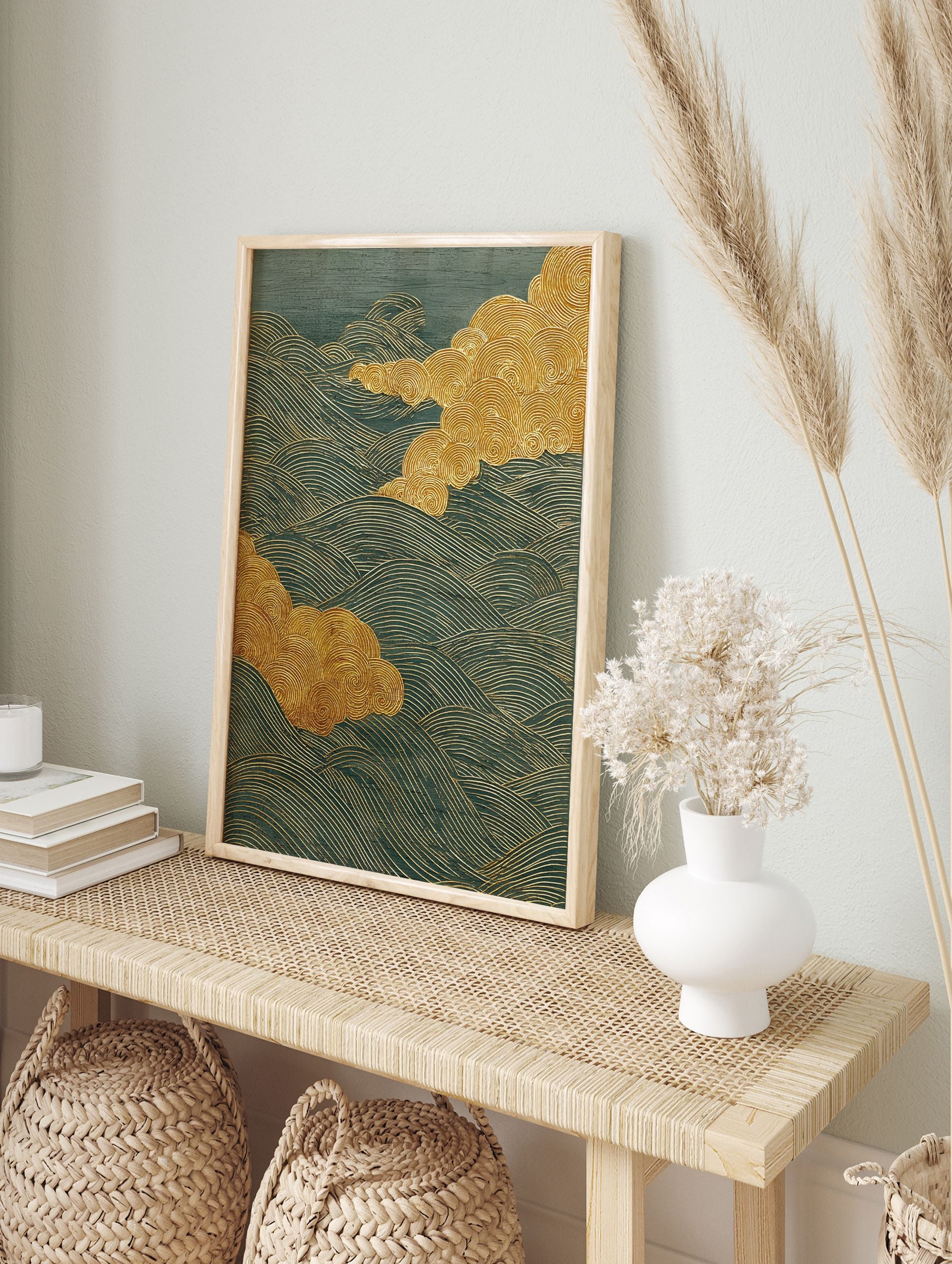 Japanese Wave Wall Art with golden swirling clouds and teal wavy lines on a textured background. - Image 3