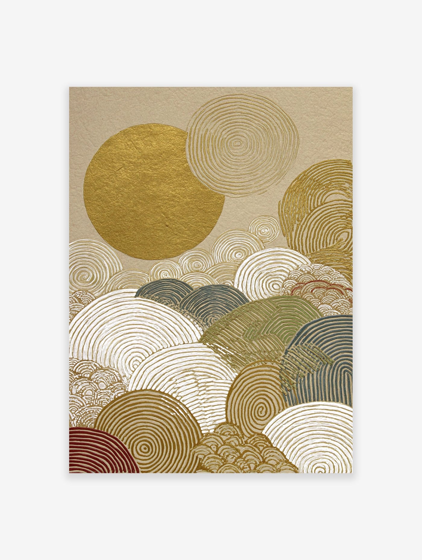 Japanese wave wall art featuring a large gold sun and abstract spiral patterns in gold, white, green, and red on a beige background.
