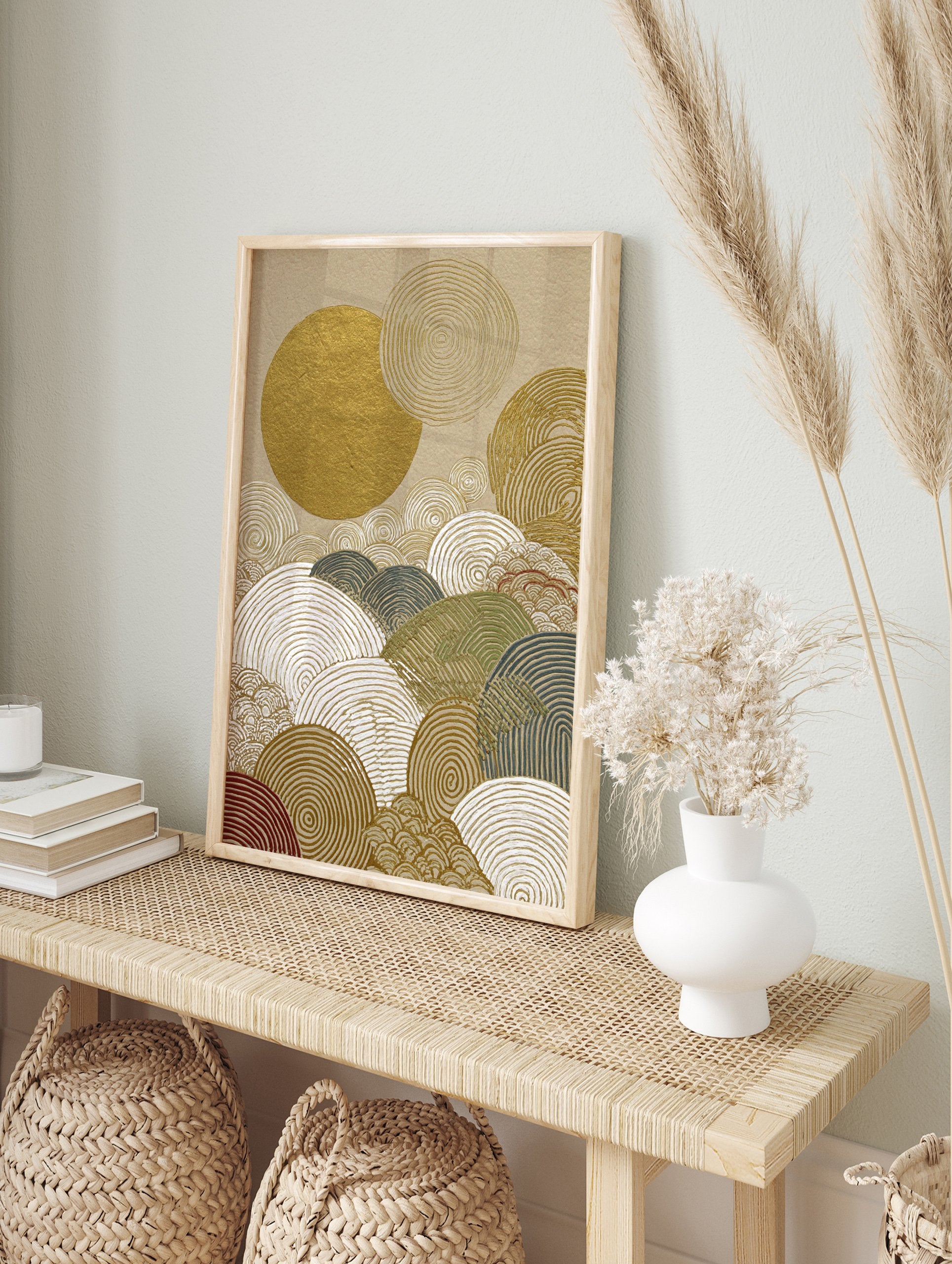 Japanese wave wall art featuring a large gold sun and abstract spiral patterns in gold, white, green, and red on a beige background. - Image 3