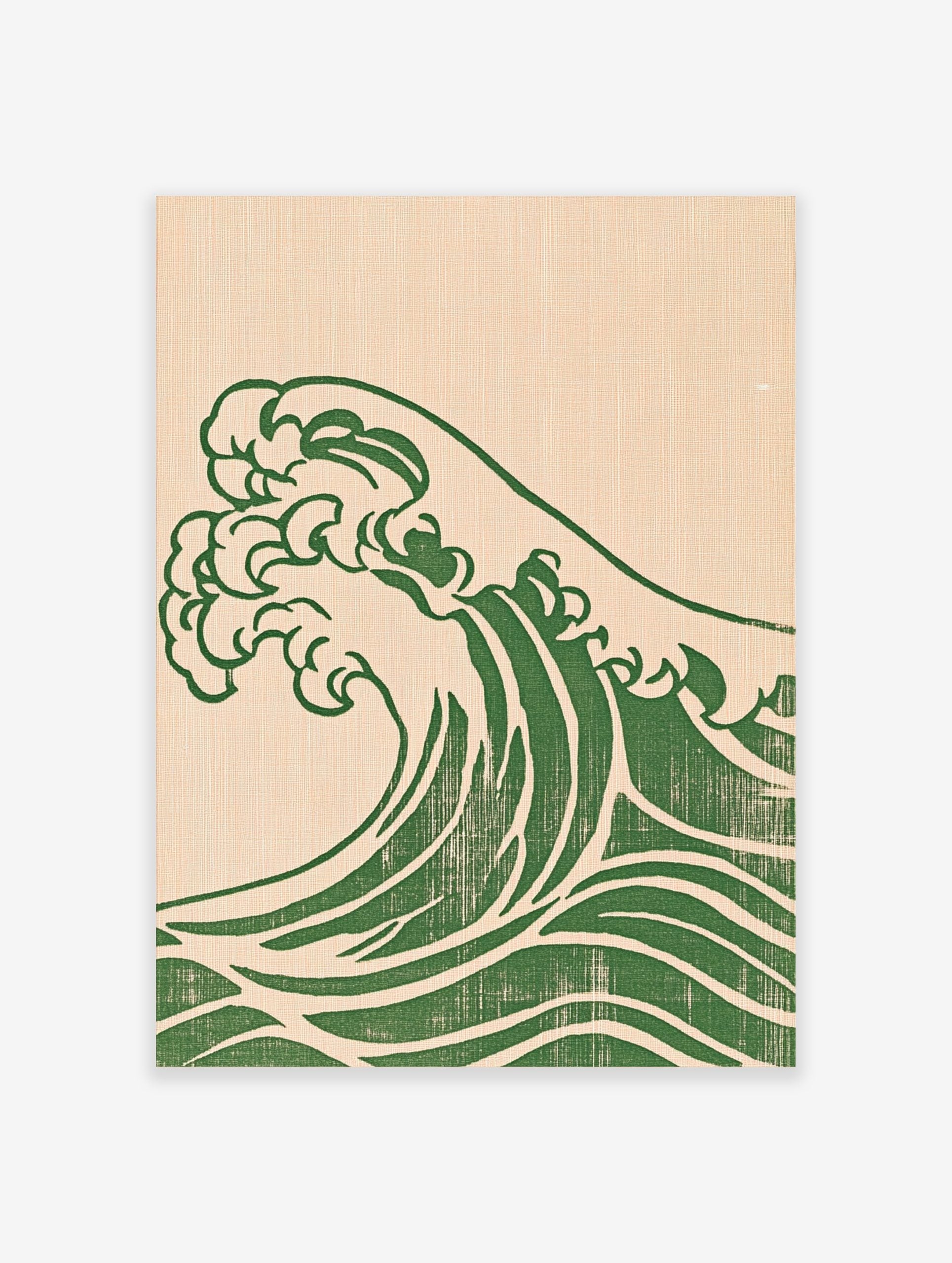 Stylised Japanese ocean wave in deep green on a textured beige background, rendered in an illustrative style