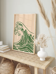 Stylised Japanese ocean wave in deep green on a textured beige background, rendered in an, in an alternate framed mockup