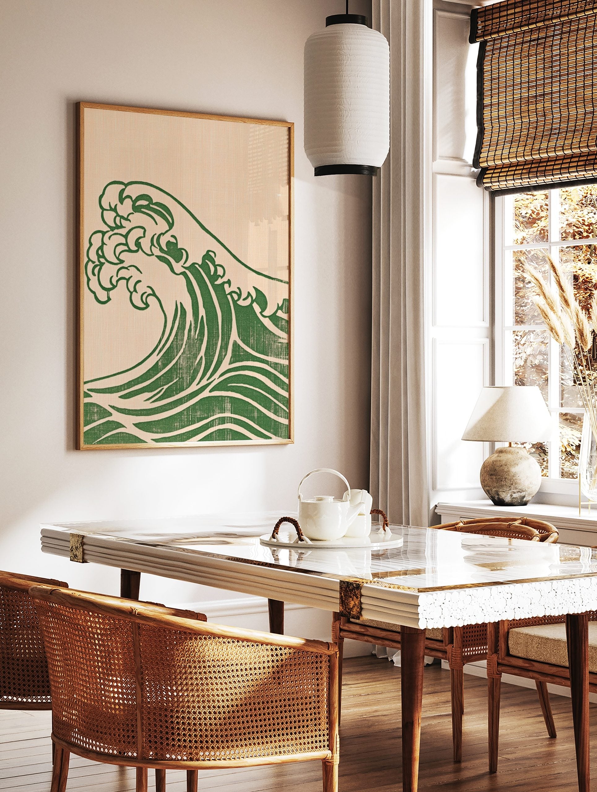 Stylised Japanese ocean wave in deep green on a textured beige background, rendered in an, in a styled room mockup