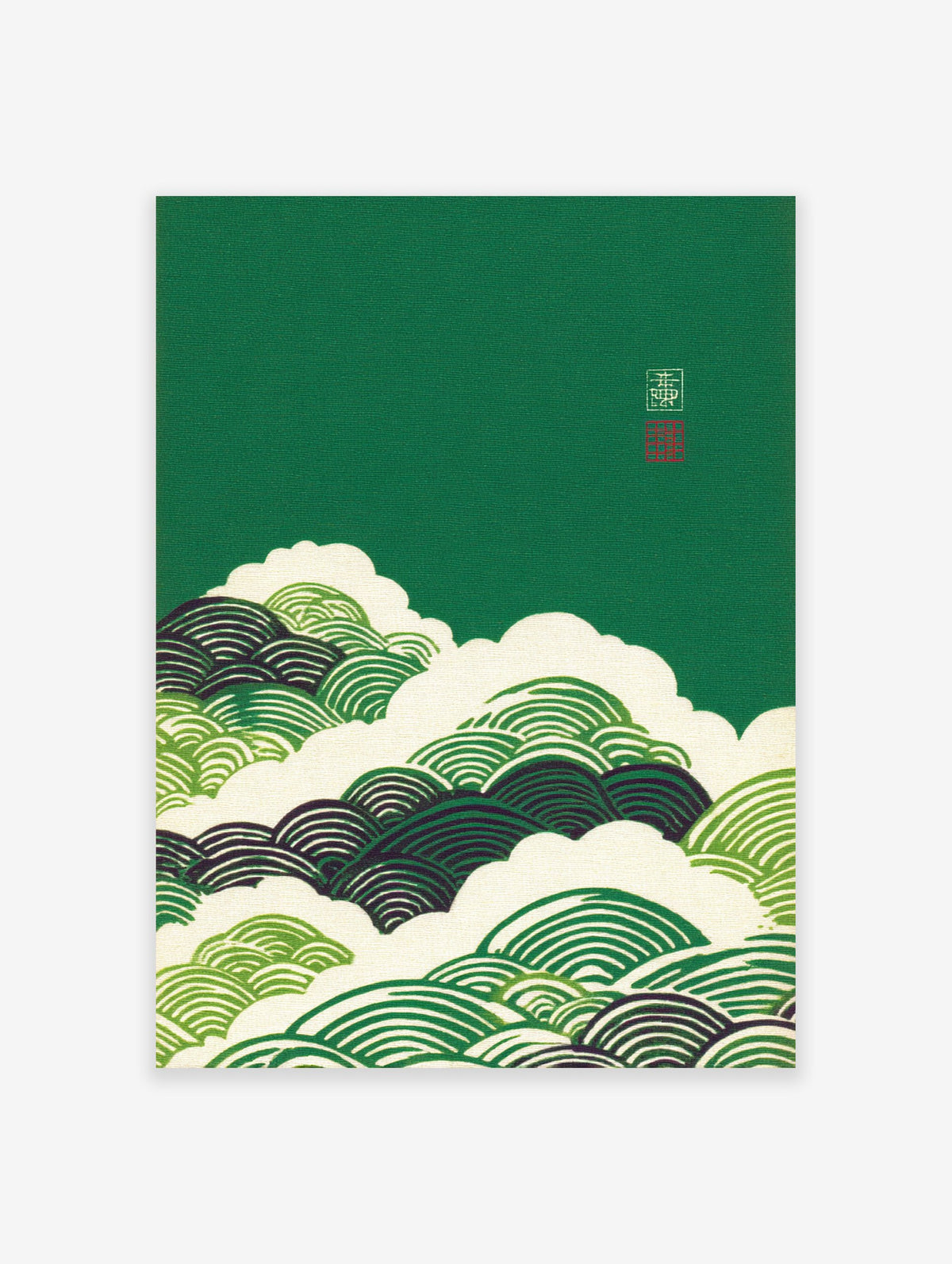 Green Japanese wave pattern wall art print with stylized cream and dark green waves and a small red traditional stamp.