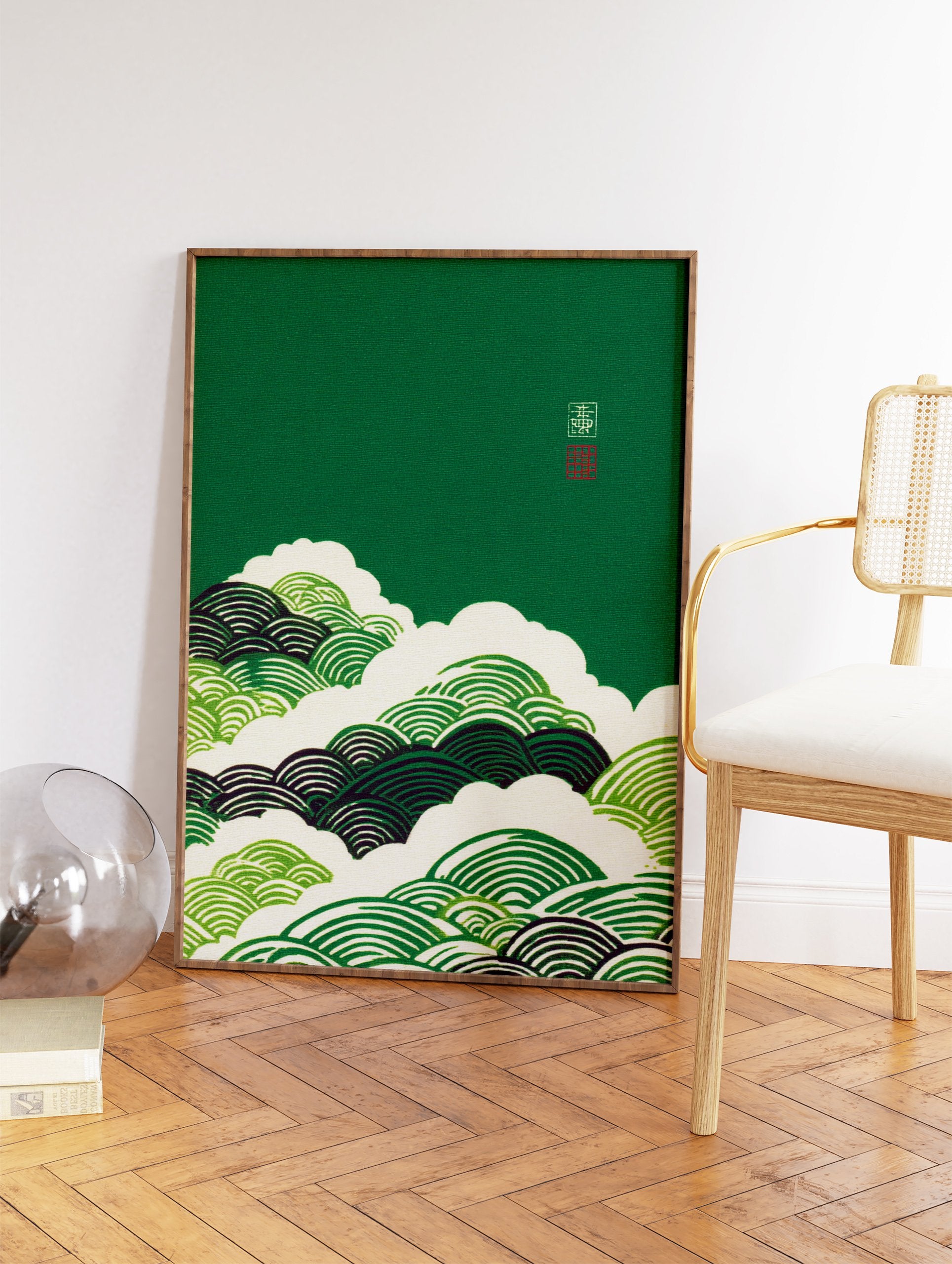 Green Japanese wave pattern wall art print with stylized cream and dark green waves and a small red traditional stamp. - Image 2