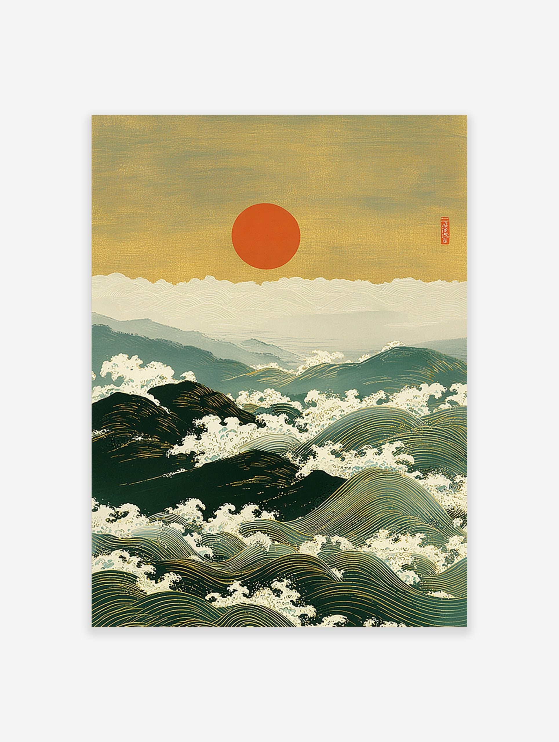 Japanese Ukiyo-e style art print of a red sun over green ocean waves and mountains