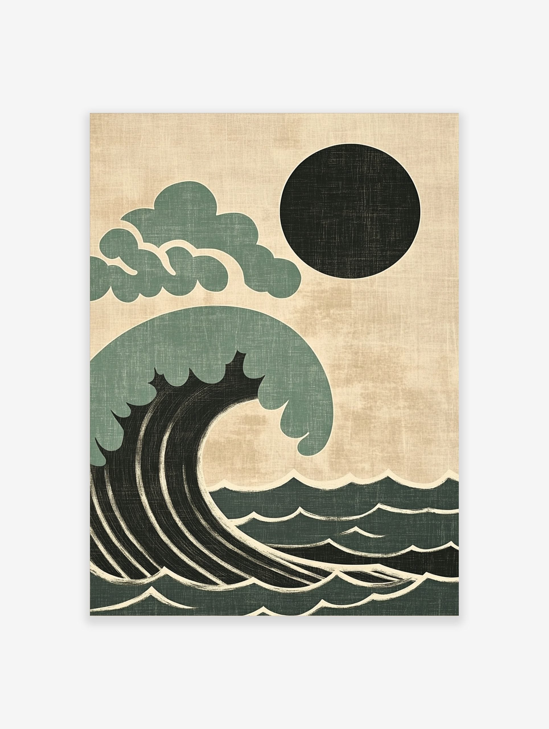 Stylised Japanese wave wall art with dark teal and black ocean, black sun, and cream background