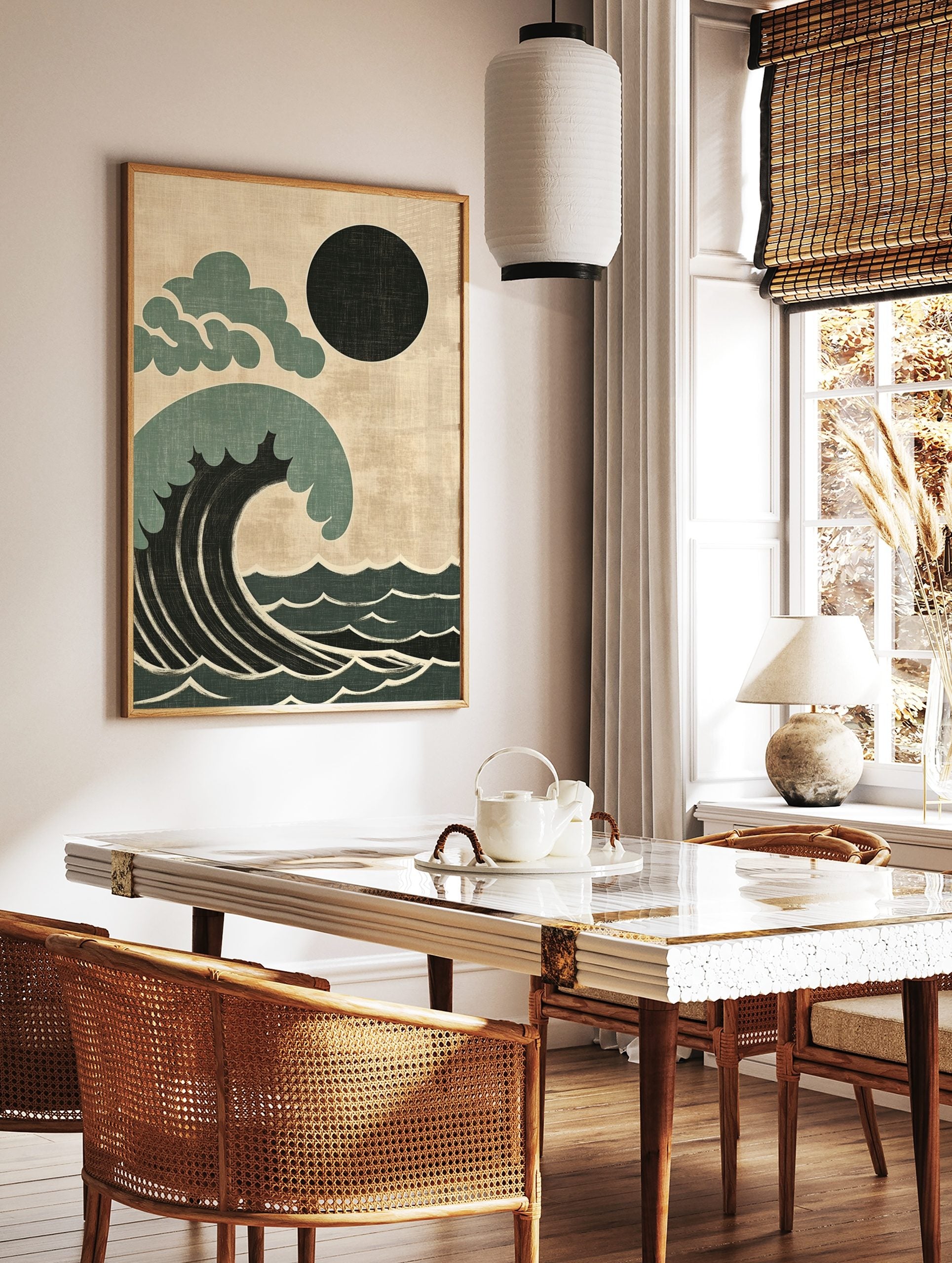 Stylised Japanese wave wall art with dark teal and black ocean, black sun, and cream background, in a styled room mockup