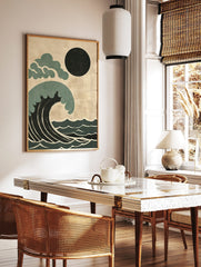 Stylised Japanese wave wall art with dark teal and black ocean, black sun, and cream background, in a styled room mockup