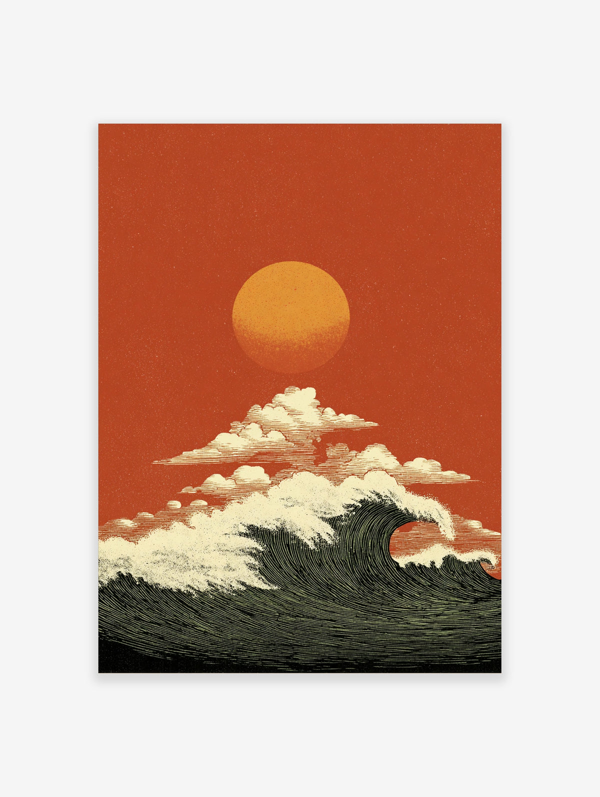 Japanese wave art print with red sun, white clouds, and curling ocean wave on red background