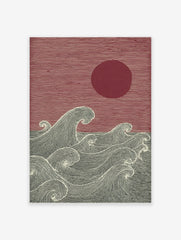 Japanese woodblock style art print with red sun and textured dark grey ocean waves