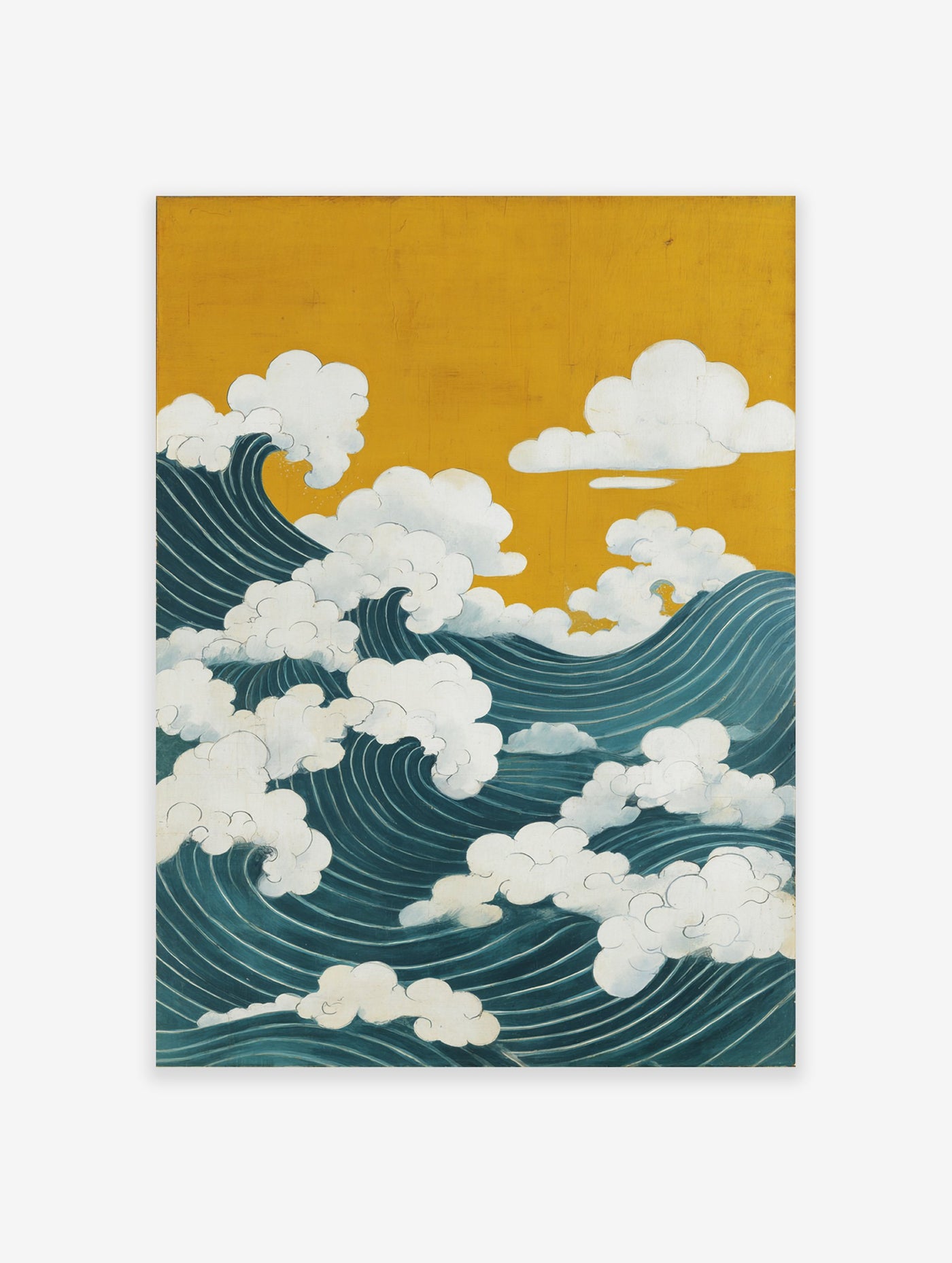 Japanese waves art poster showing large teal ocean waves with white clouds under a golden yellow sky in a traditional style.