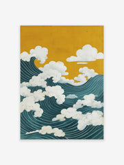 Japanese waves art poster showing large teal ocean waves with white clouds under a golden yellow sky in a traditional style.