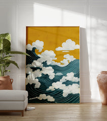 Japanese waves art poster showing large teal ocean waves with white clouds under a golden yellow sky in a traditional style. - Image 3