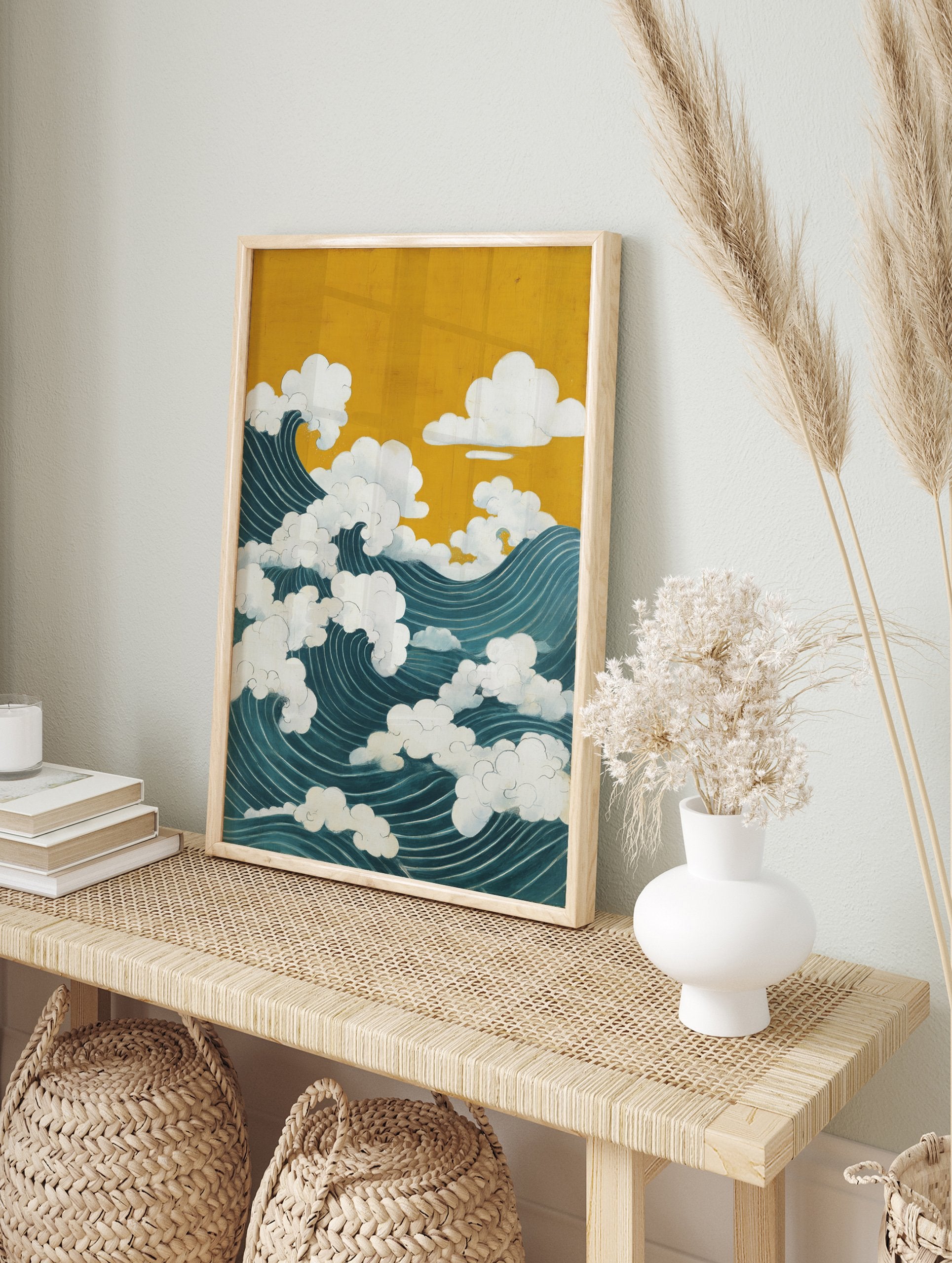Japanese waves art poster showing large teal ocean waves with white clouds under a golden yellow sky in a traditional style. - Image 4