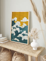Japanese waves art poster showing large teal ocean waves with white clouds under a golden yellow sky in a traditional style. - Image 4