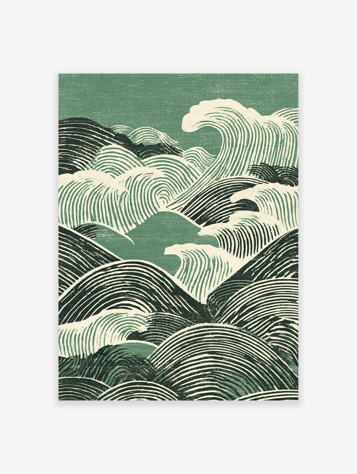 Japanese waves poster with green and off-white woodcut style illustration of rolling ocean waves.
