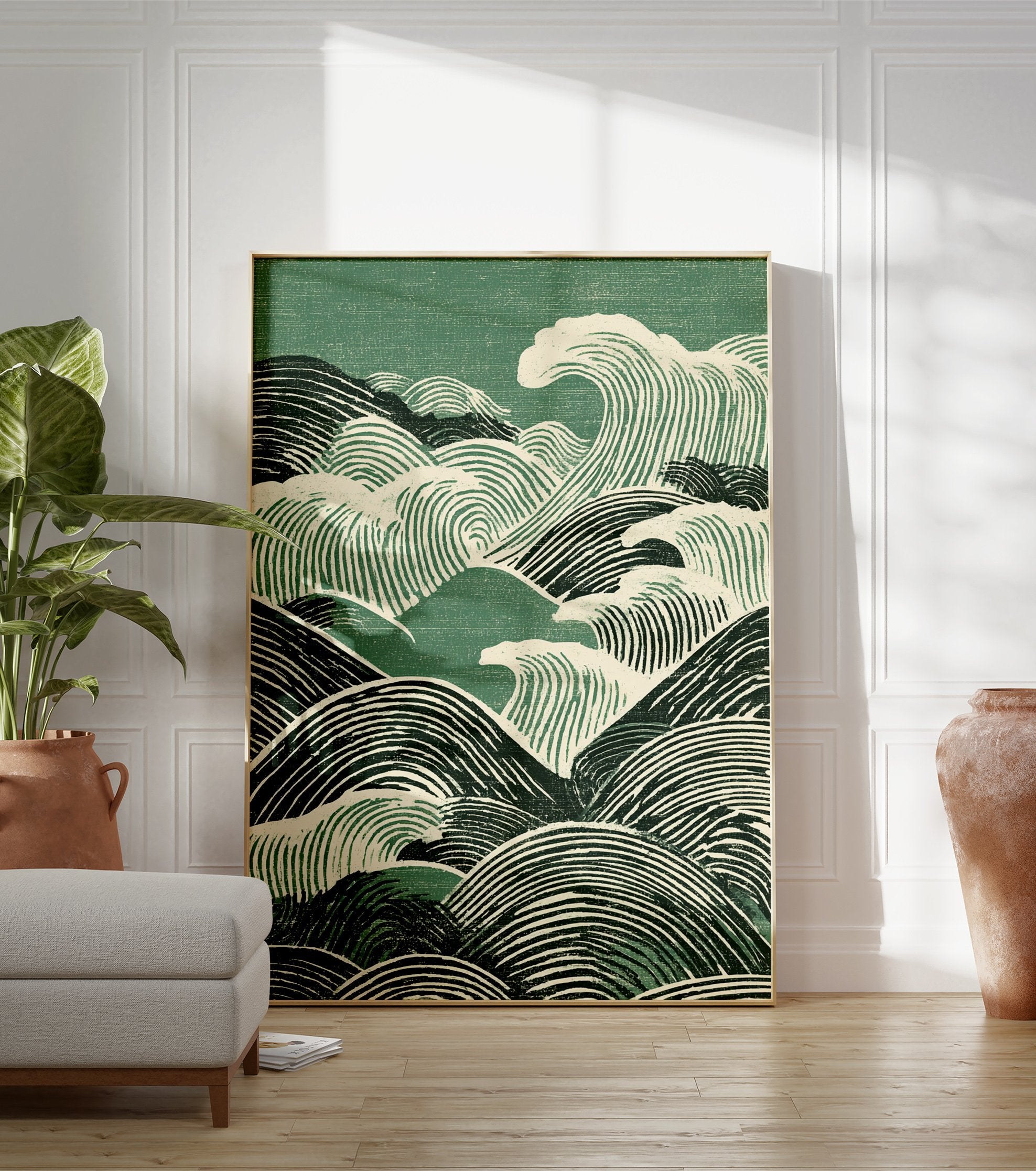 Japanese waves poster with green and off-white woodcut style illustration of rolling ocean waves. - Image 3