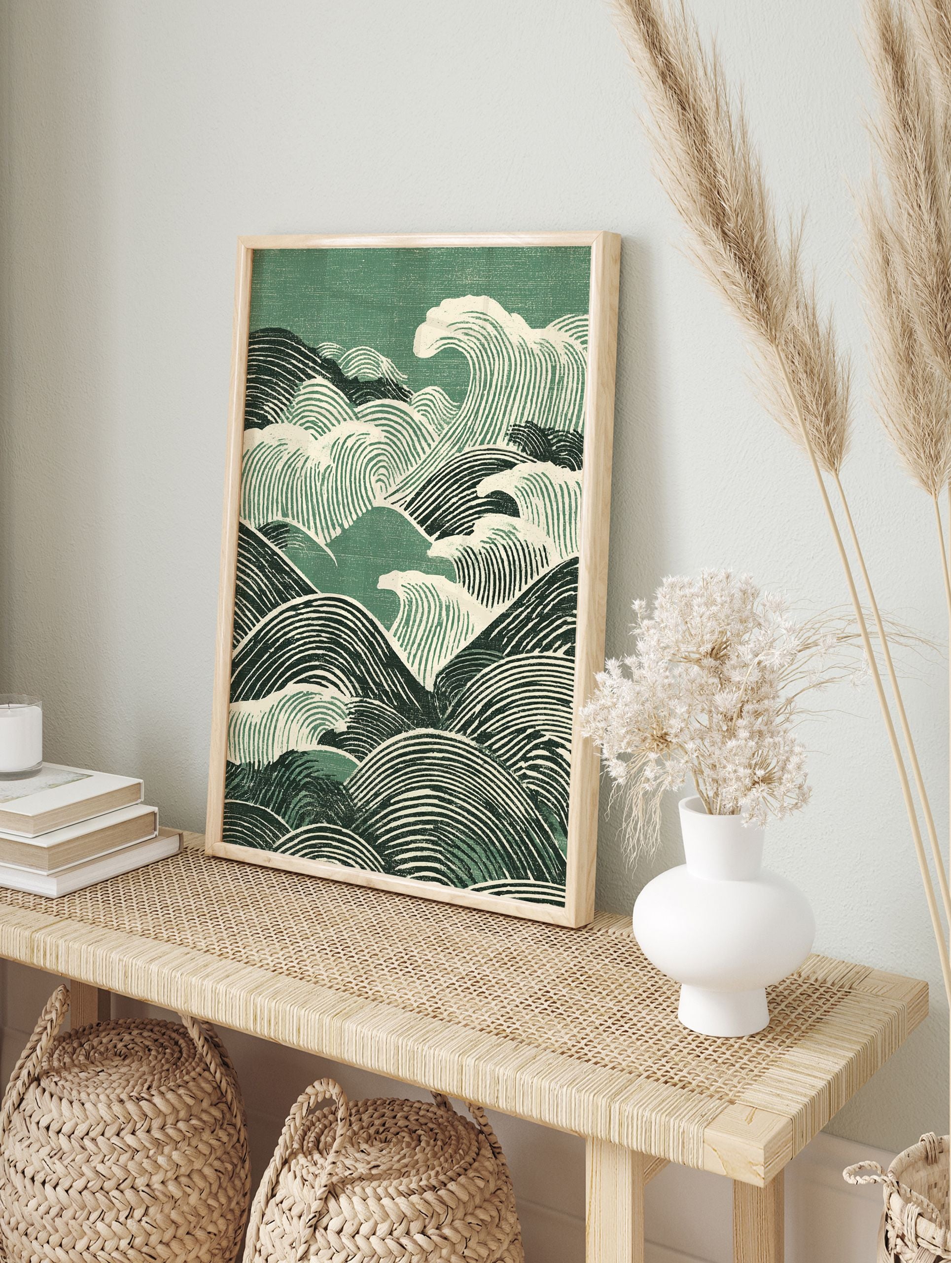 Japanese waves poster with green and off-white woodcut style illustration of rolling ocean waves. - Image 4