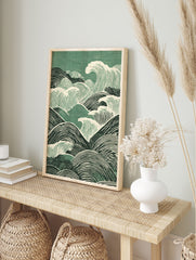 Japanese waves poster with green and off-white woodcut style illustration of rolling ocean waves. - Image 4