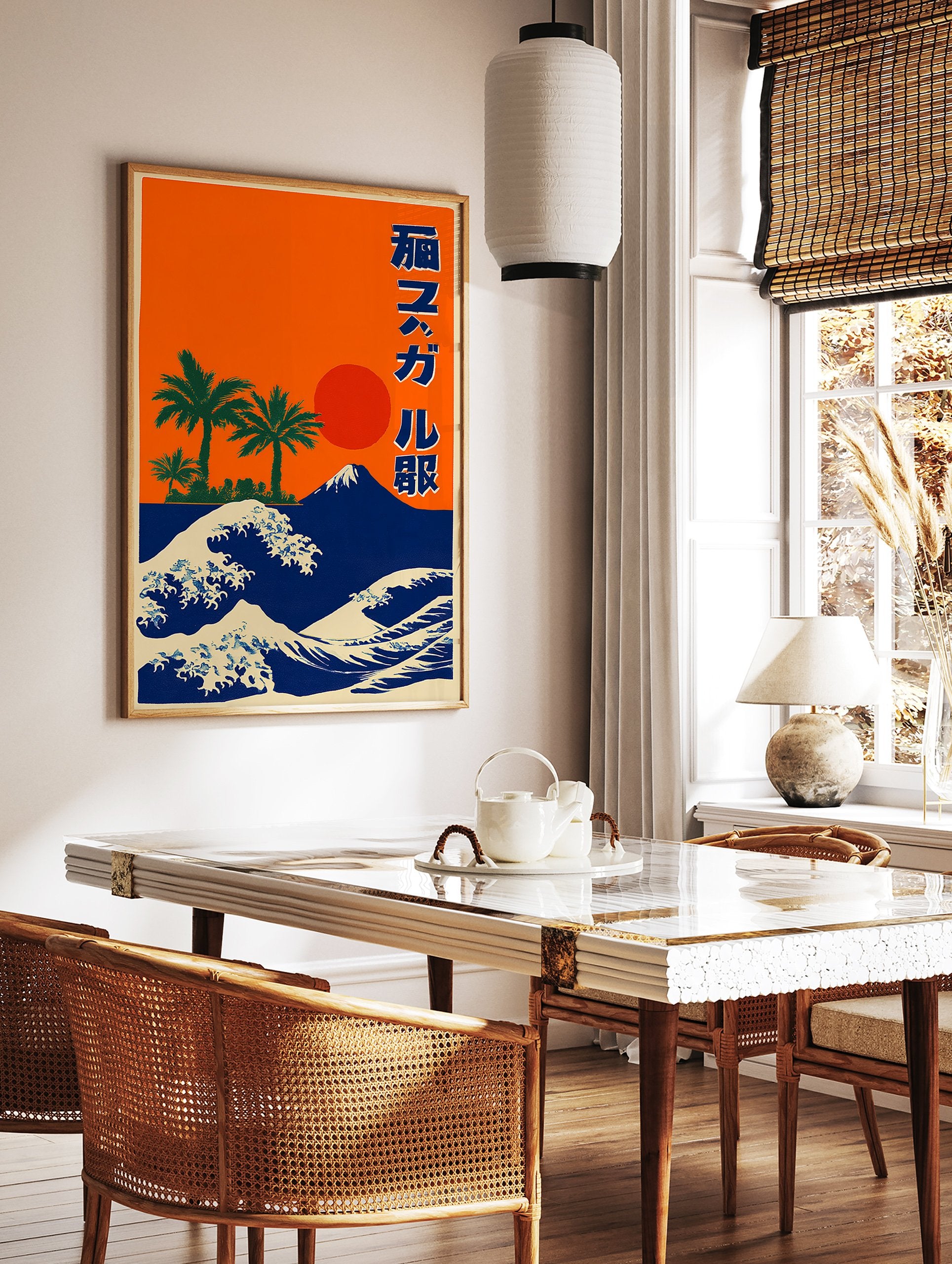 Japanese poster with orange sky, red sun, green palm trees, blue Mount Fuji, and white and blue ocean waves. - Image 2
