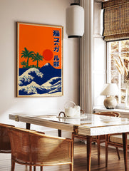 Japanese poster with orange sky, red sun, green palm trees, blue Mount Fuji, and white and blue ocean waves. - Image 2